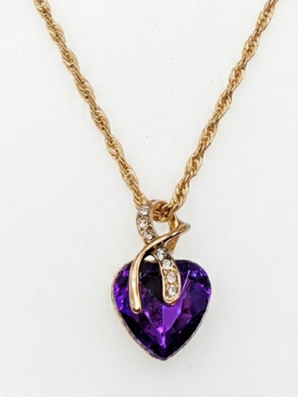 Gold Tone Purple Faceted Crystal Heart Necklace - Rhinestone Ribbon Bail Bb18 - Picture 1 of 7
